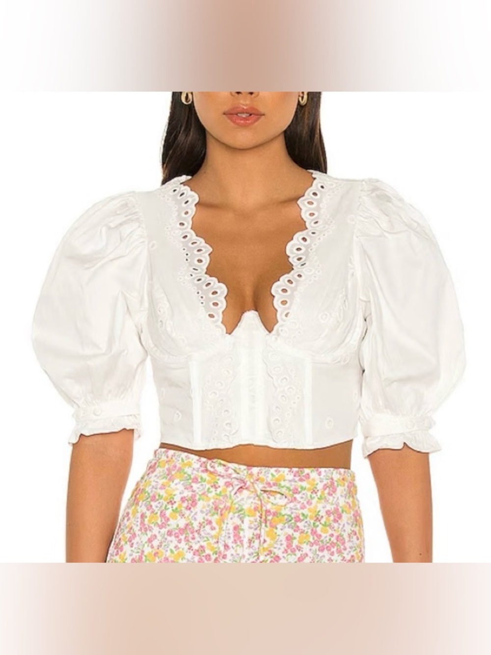 FOR LOVE AND LEMONS WHITE EYELET PUFF SLEEVE CORSET CROP TOP XS